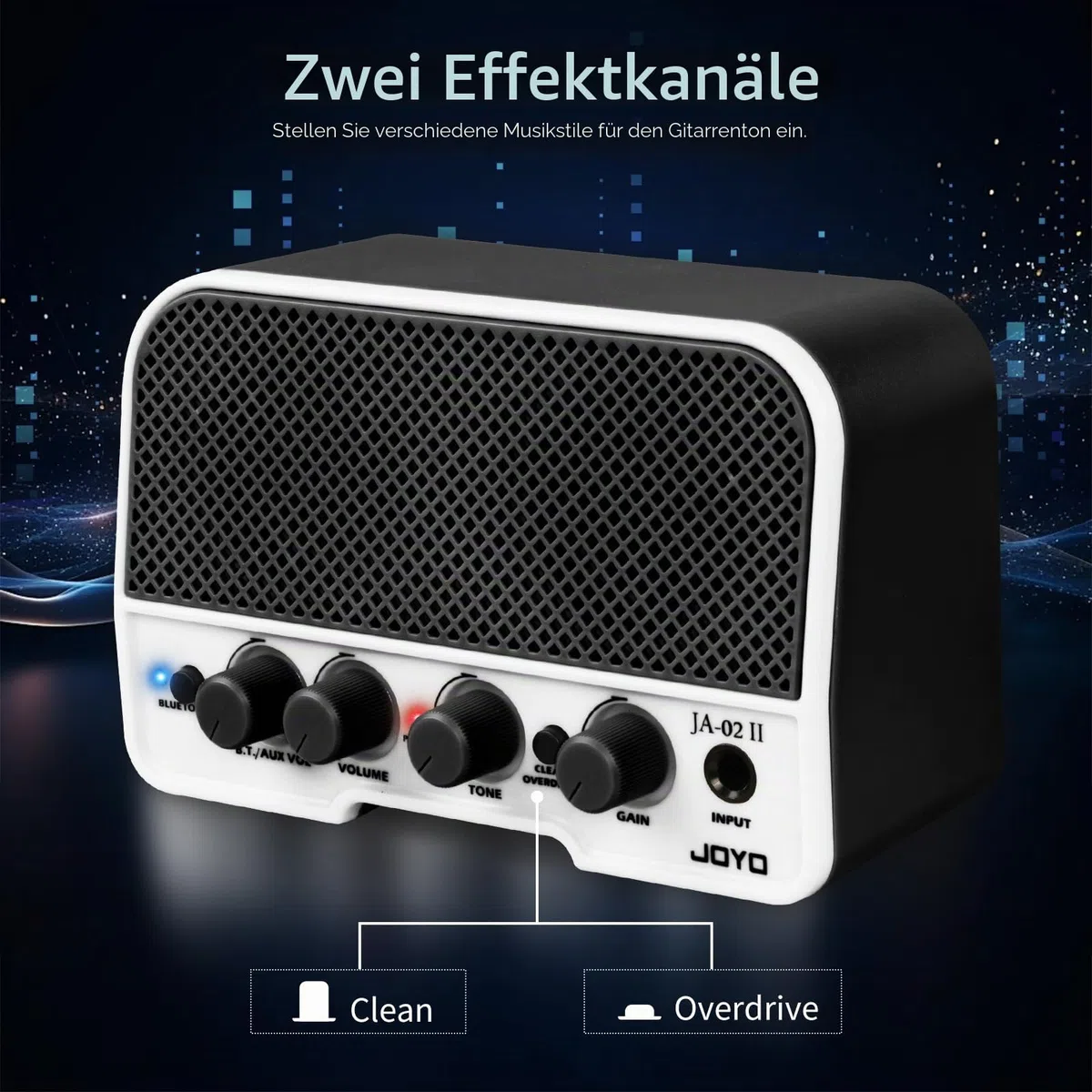 JOYO Mini Gitarrenverstärker 5W Verstärker für E-Gitarre Kleiner Gitarrenverstärker mit Bluetooth-Kanälen Clean und Overdrive Wiederaufladbar Tragbar (JA-02 II Schwarz)