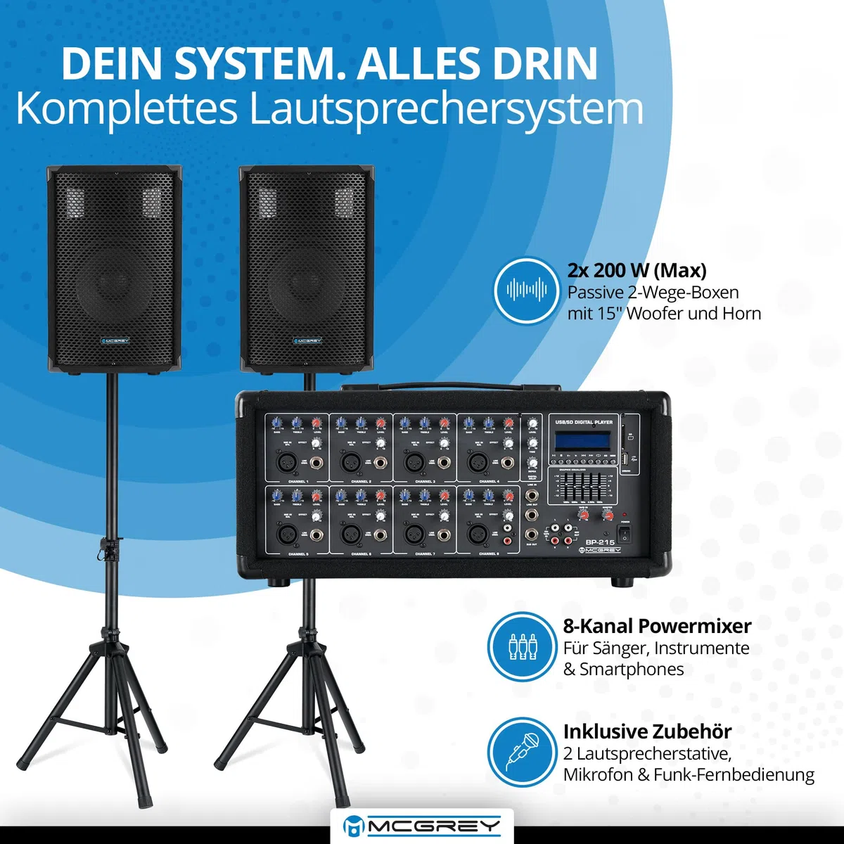 McGrey BP-215 Bandpack PA-Anlage - 8-Kanal Powermixer - digitaler Hall - Bluetooth - USB/SD-Slot - 2-Wege-Lautsprecher mit 15" Woofer und Horn - Inklusive Mikrofon, Stative und Kabel - 150 Watt
