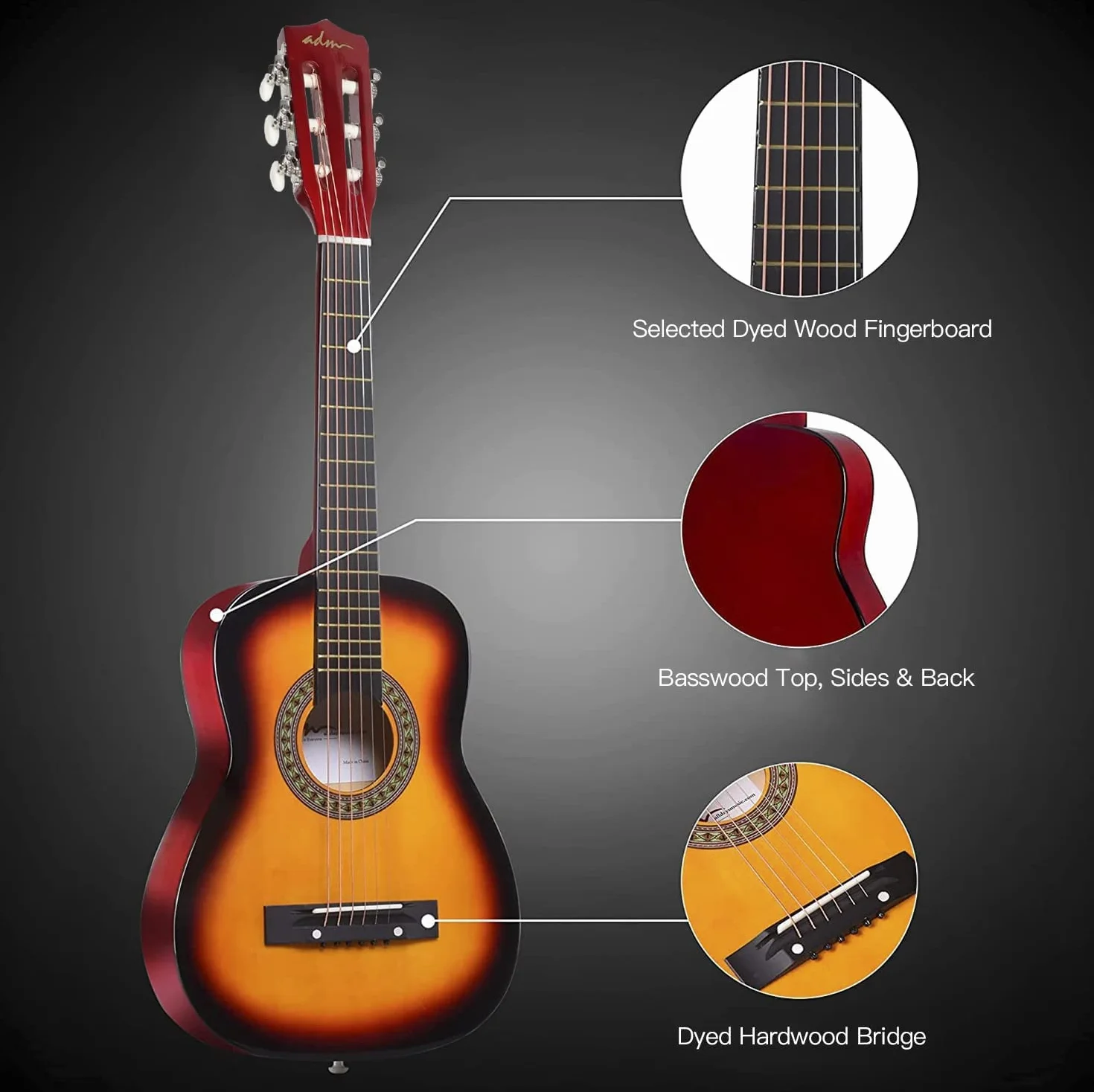 ADM 1/4 Kindergitarre Junior-Konzertgitarre für Anfänger mit Clip-Stimmgerät, Tasche, Gurt, Zusätzlichen Saiten und Plektren, Sunburst