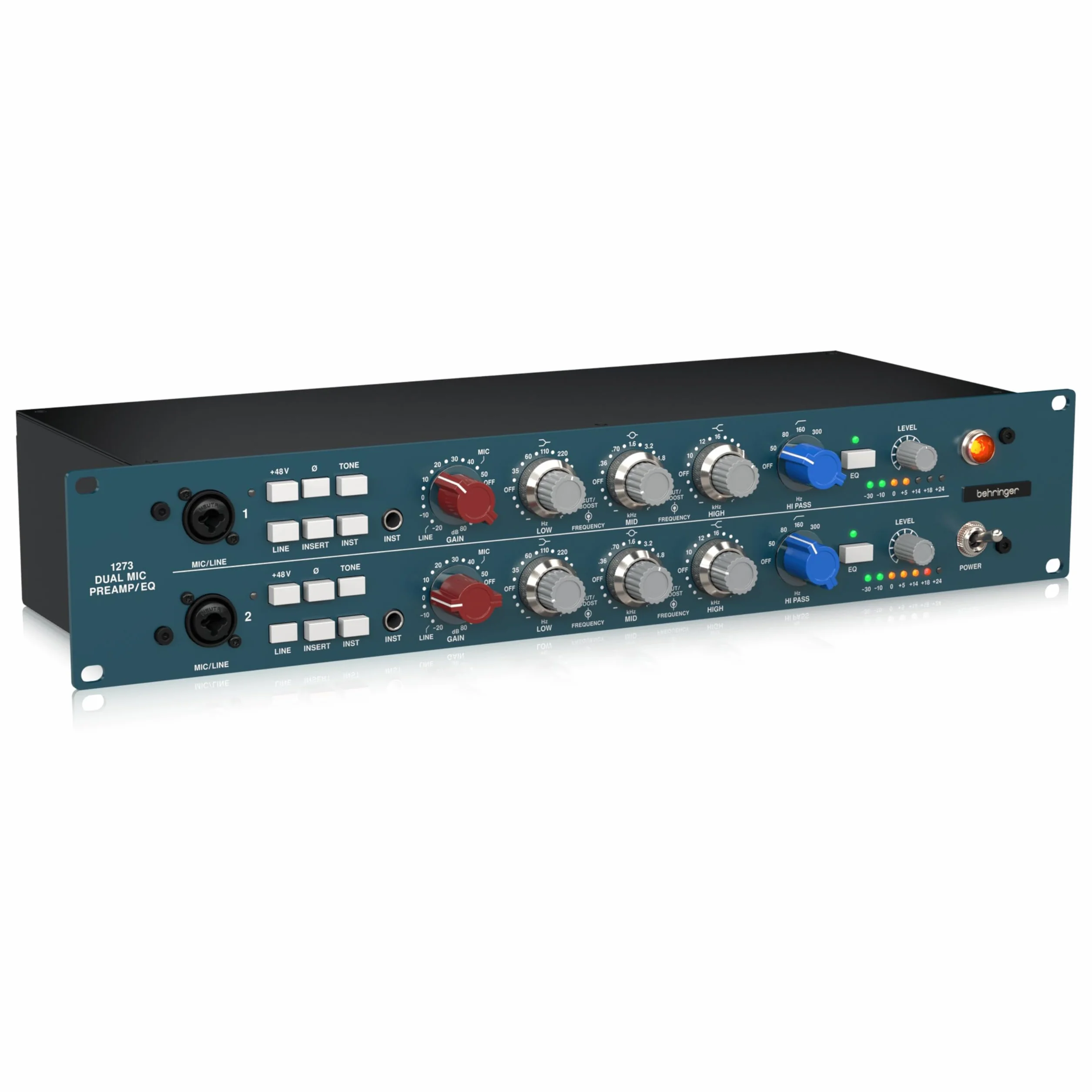 Behringer 1273 Legendärer 2-Kanal-Mikrofonvorverstärker mit 3-Band-Equalizern und Custom-Built-Midas-Transformatoren