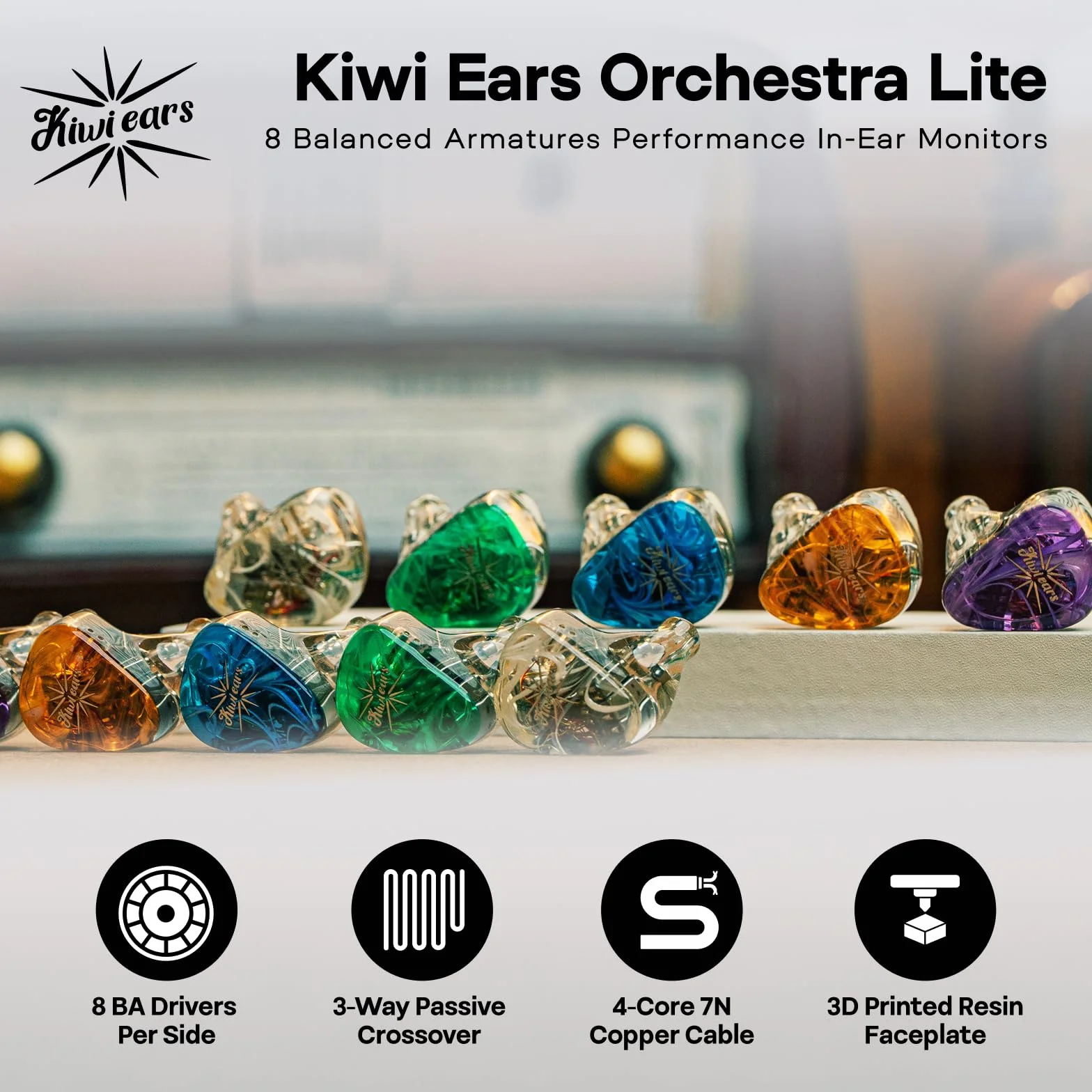 LINSOUL Kiwi Ears Orchestra Lite Performance Custom 8BA In-Ear Monitor IEM mit Abnehmbarem 4-adrigem 7N Sauerstofffreiem Kupfer OFC Kabel, Handgefertigter Faceplate(Grün)