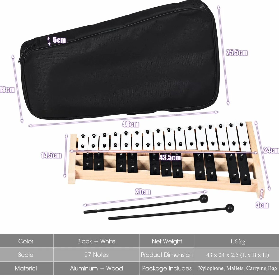 KOMFOTTEU 27 Noten Xylophon, Glockenspiel mit Metalltasten & Holzsockel, Handpercussion mit 2 Schlägeln tragbar mit Tragetasche, Schlaginstrument für Performance, Musikkonzert