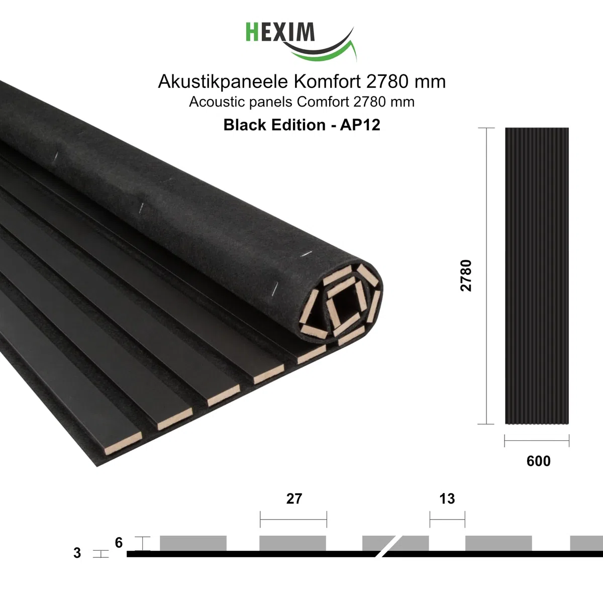 HEXIM Akustikpaneele 2 Stück 278x60cm Holz Comfort - flexible Holzpaneele Platten Lamellenwand flexibel MDF Wandpaneele TV Wandverkleidung Holzwand Deko schwarz (3.34m² Black Edition)