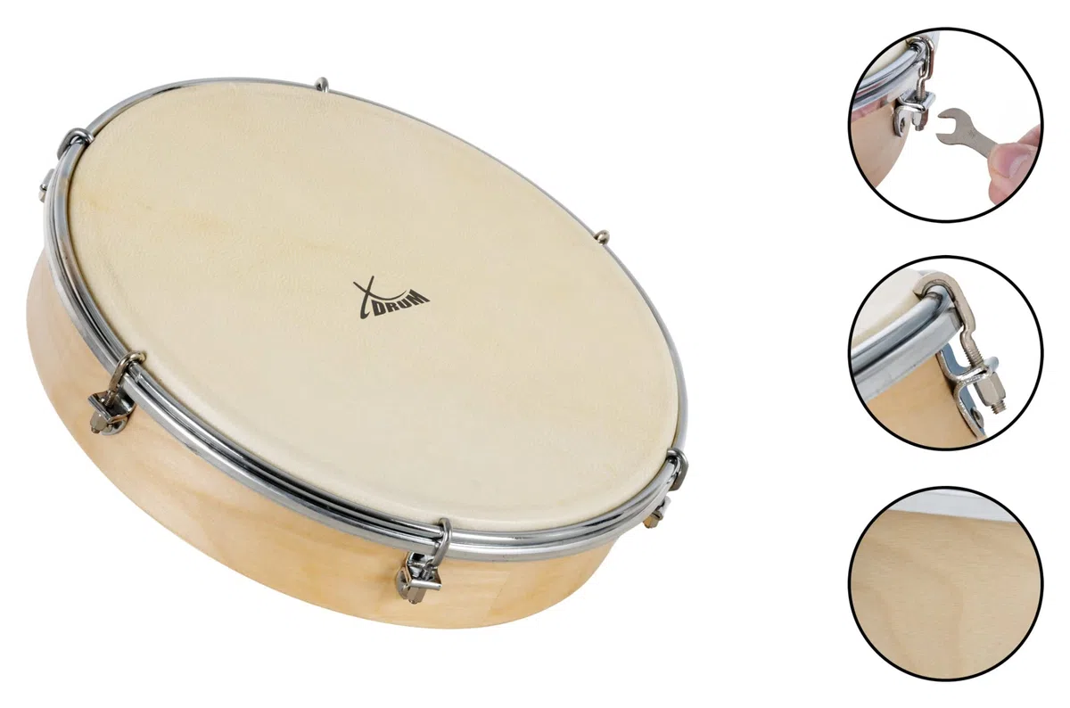 XDrum HTM-12S 12" Handtrommel mit Schlägel Set - Rahmentrommel mit Fell aus Polyester - Stimmbar mit 6 Spannhaken - Holzrahmen aus Ahorn - Ergonomischer Griff - Natur