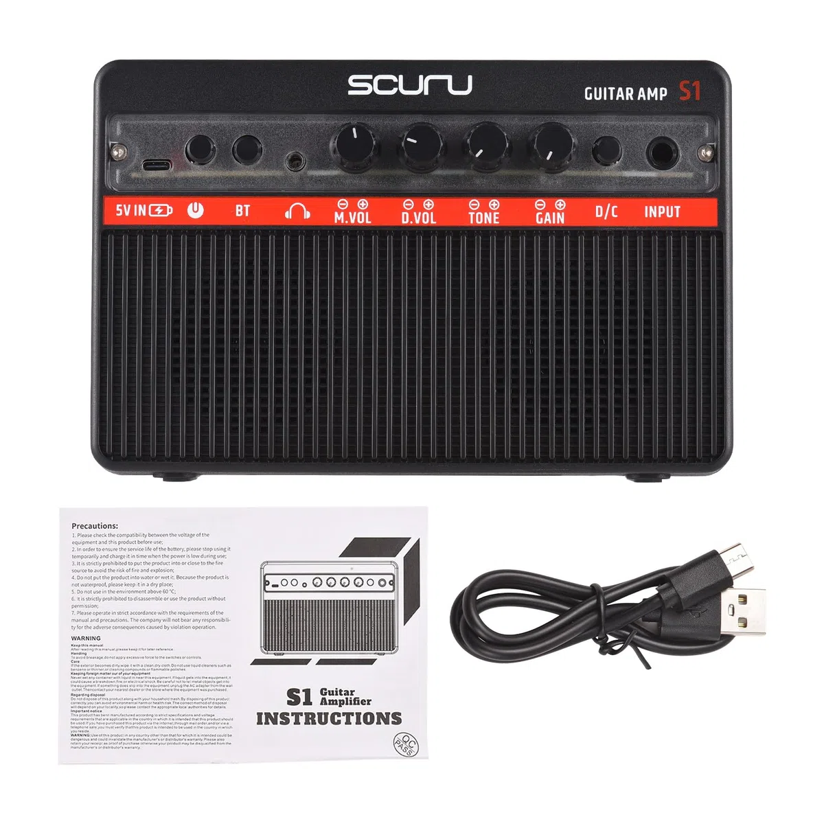 Btuty Scuru 16 W kleiner E-Gitarrenverstärker, tragbarer Gitarren-Übungs-Lautsprecher, wiederaufladbarer Verstärker, unterstützt BT/Kopfhörer-Verbindung, integrierter Verzerrungseffekt, Plug and Play