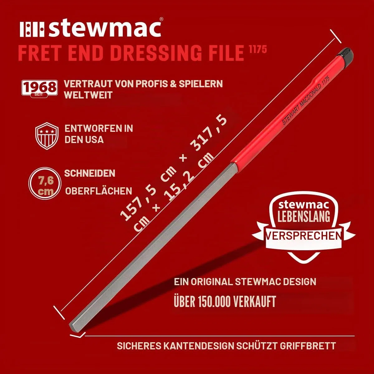 StewMac – Professionelle Bundkantenfeile für Gitarre & Gitarrenbau, Werkzeug für Präzises & Sicheres Finish der Bundenden, Ergonomischer Griff, Luthier Tools