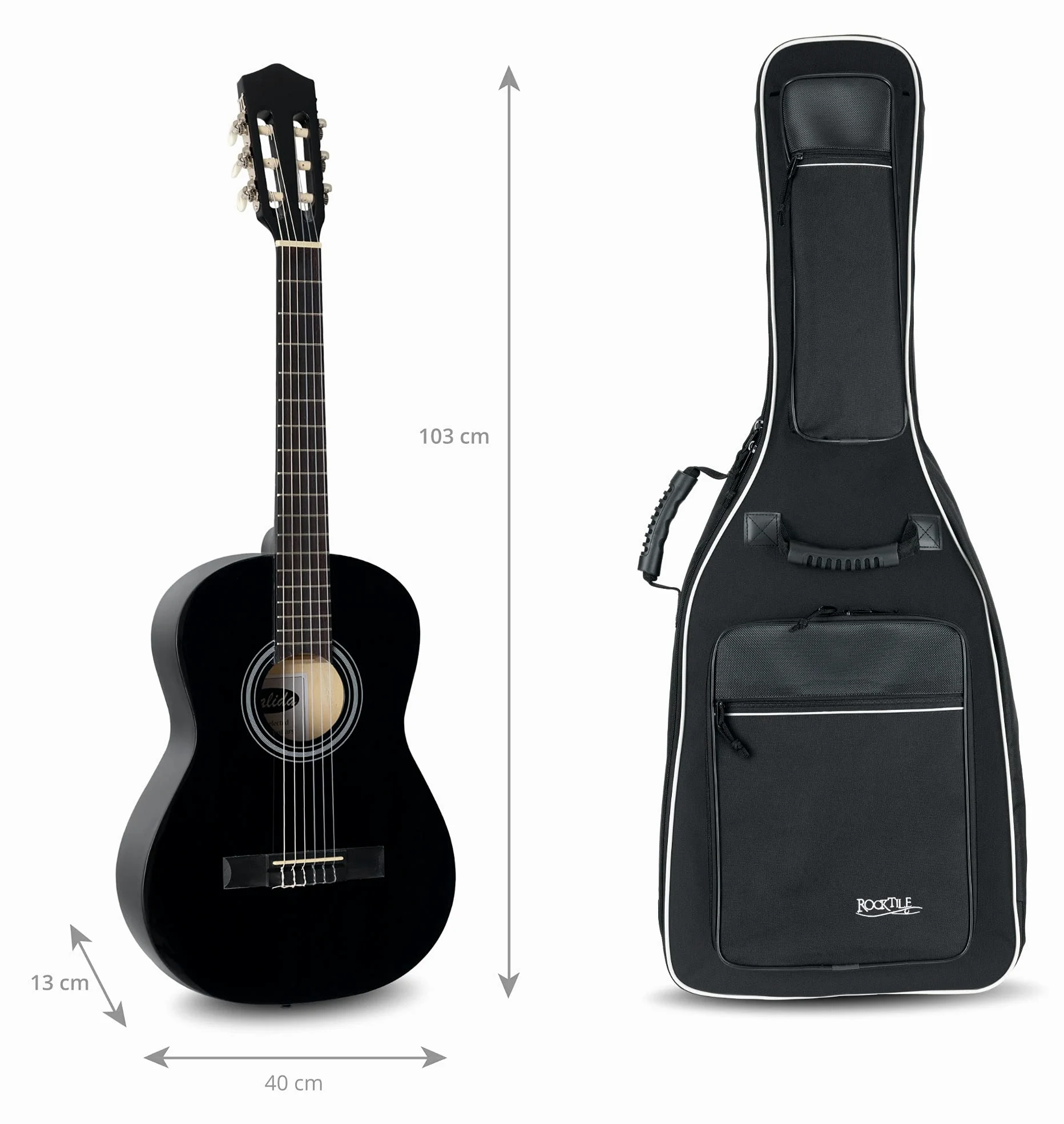 ROCKTILE 4/4 Klassik-Gitarrentasche Deluxe - gepolstert mit Rucksackgarnitur Gigbag für Konzertgitarre Schwarz