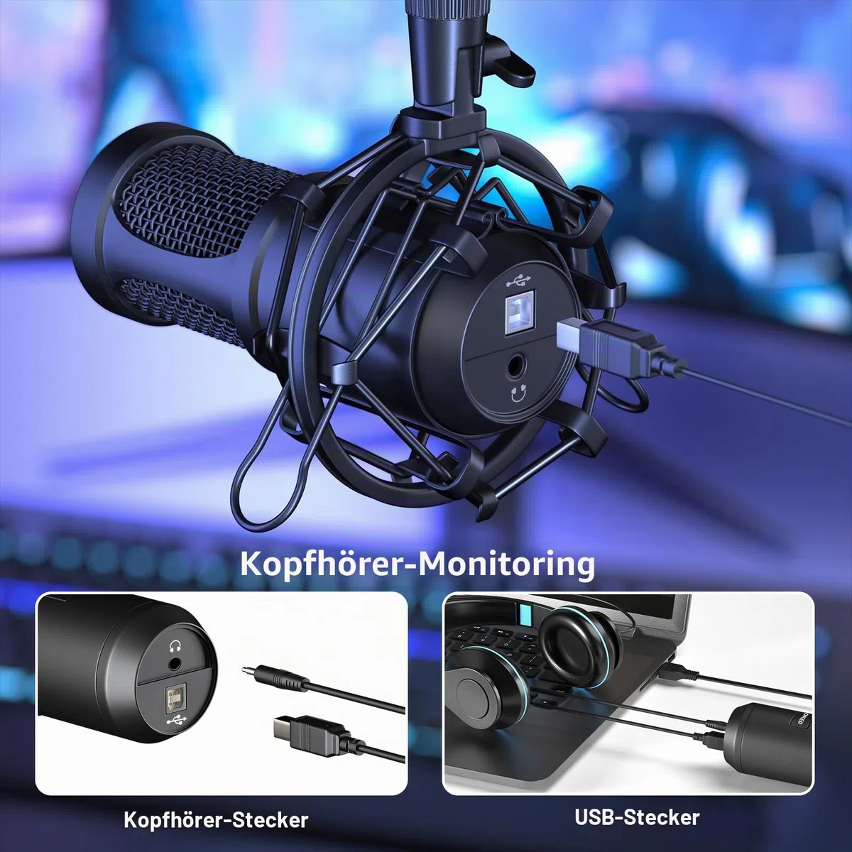 aokeo USB Mikrofon, 192kHZ / 24bit Podcast-Mikrofonsets mit Mikrofonständer, Stoßdämpferhalter, Windschutzscheibe, Popfilter, für Rundfunk, Aufnahme, YouTube,Podcasts
