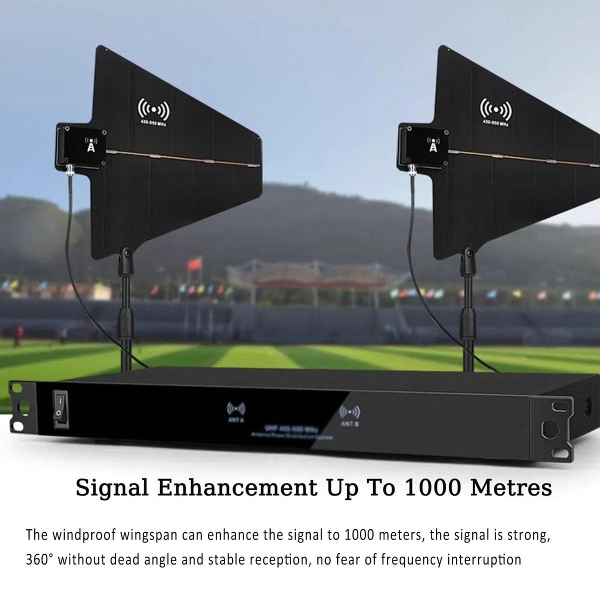 UHF-Antennen-Stromverteilersystem, Funkmikrofon-Signalverstärker mit 2 Antennenpaddeln, Frequenzbereich 400–950 MHz, 8 Ein-/Ausgänge, für Bühnenauftritte, Hochzeiten