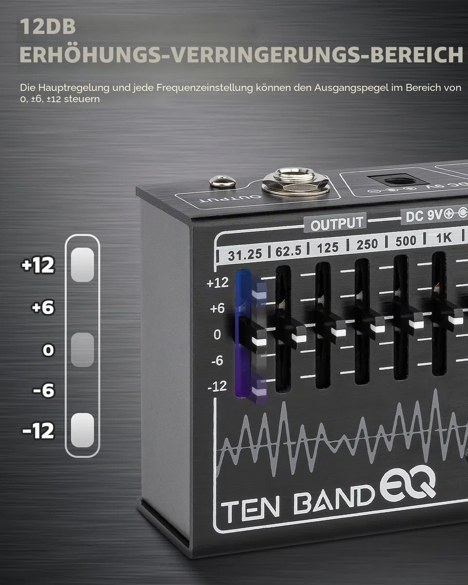 STRICH EQ Pedal für E-Gitarre, 10-Band Equalizer Effektpedal, Equalizer für Gitarre und Bass, 10 Frequenzbänder (31,25 Hz–16 kHz) mit ±12 dB Verstärkung/Absenkung pro Band, TEN BAND EQ