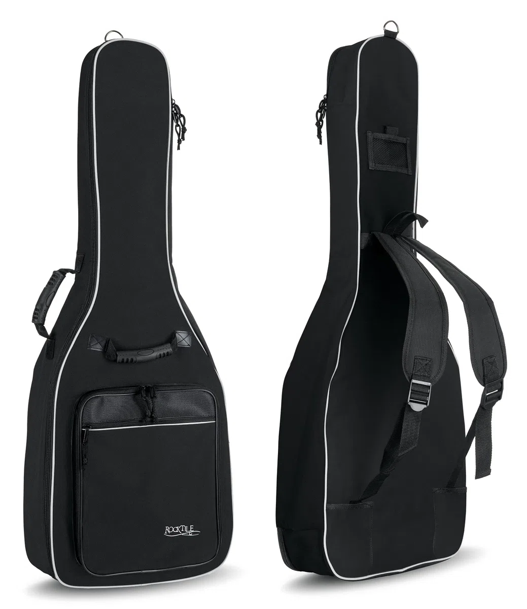 ROCKTILE Klassik-Gitarrentasche 4/4-Größe - wasserabweisender Gigbag mit weicher Polsterung und Fixierung im Halsbereich - Rucksack-Gurte - Große Aufsatztaschen für Noten und Zubehör - Schwarz