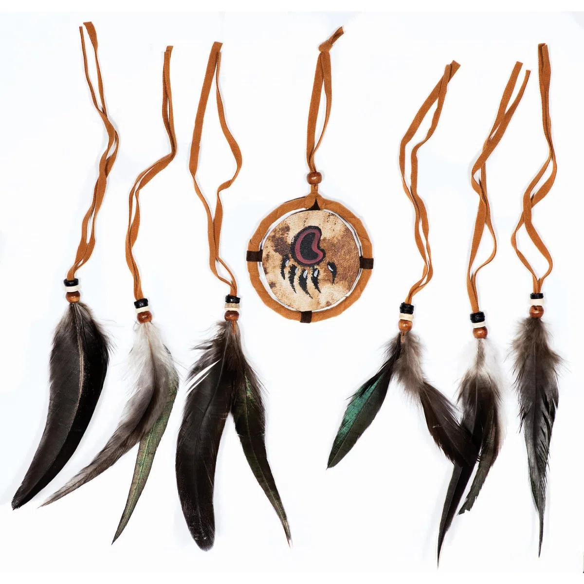 Schamanentrommel 60cm Saami Style - spirituelles Siebdruckmotiv auf Ziegenhaut plus Federnschmuck zur Verzierung und Schlägel