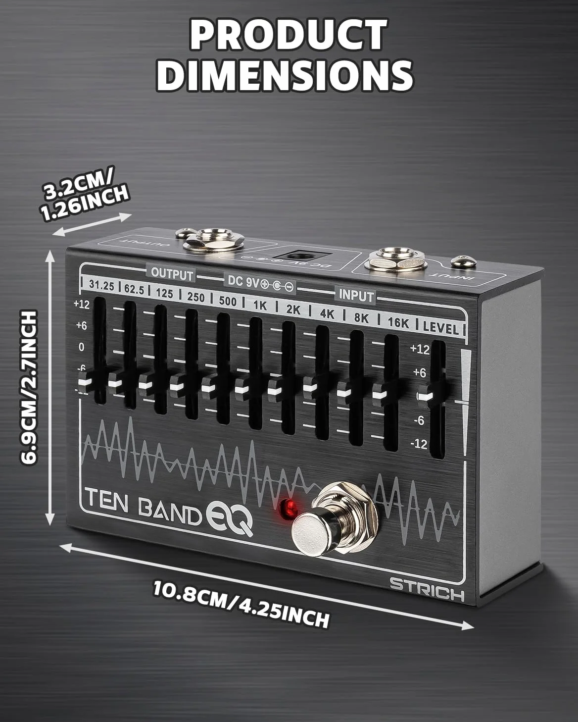 STRICH EQ Pedal für E-Gitarre, 10-Band Equalizer Effektpedal, Equalizer für Gitarre und Bass, 10 Frequenzbänder (31,25 Hz–16 kHz) mit ±12 dB Verstärkung/Absenkung pro Band, TEN BAND EQ