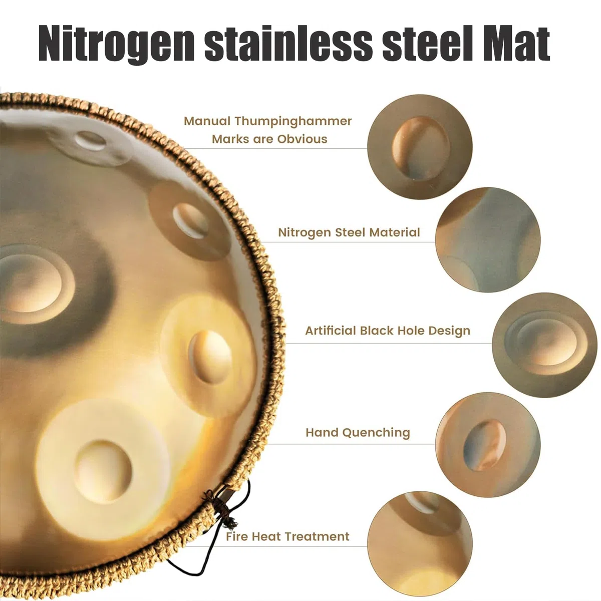 Handpan Anfänger,Stahltrommel 9 Töne 18 Zoll,Stahlzungentrommel Regen,Percussion Instrumente,Hand Drum mit Drumtasche und Handpan-Halter,Steel Drum als Geschenk für Sound Healing, Meditation, Gold