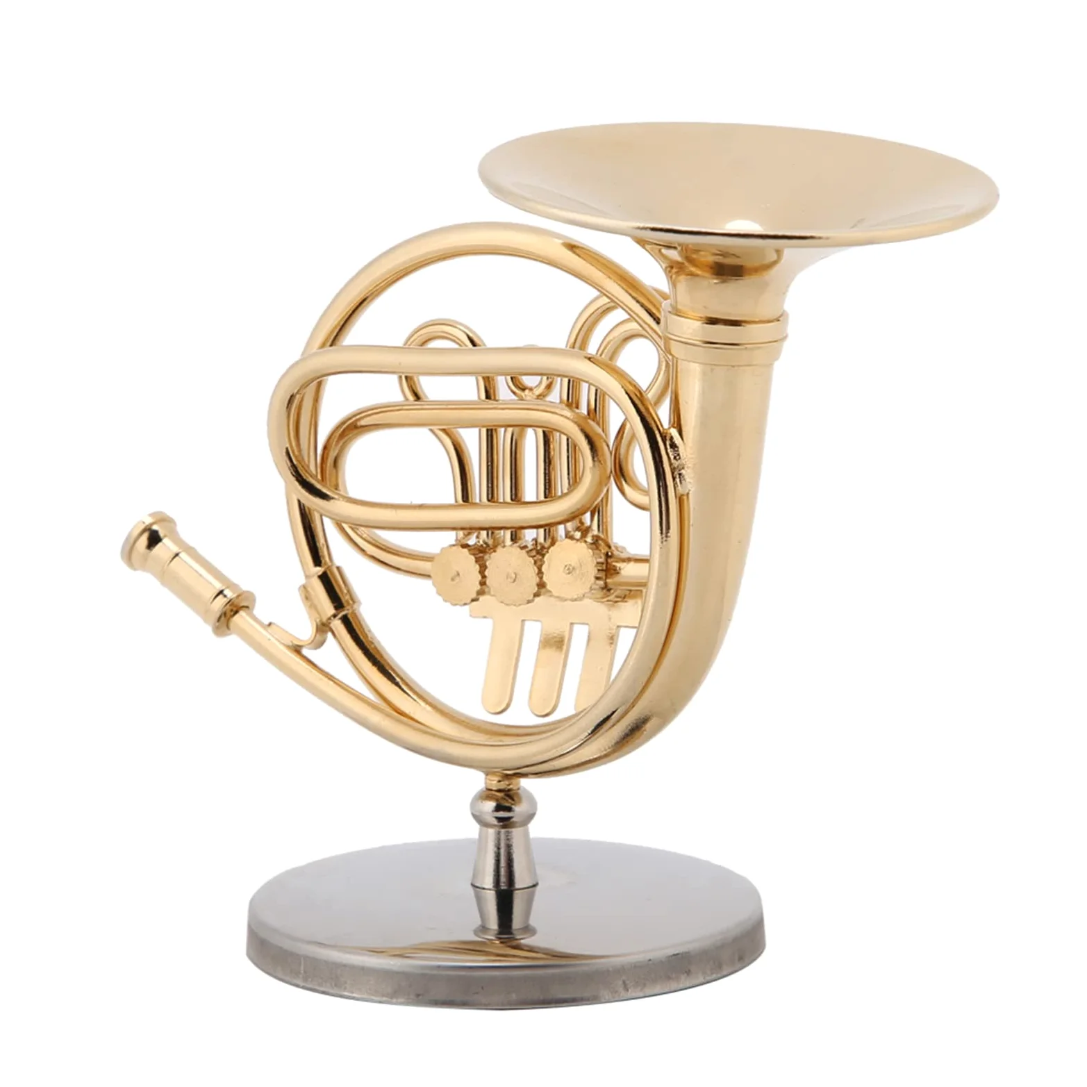 Fdit Miniatur-Waldhorn, Messing Vergoldete Nachbildung mit Ständer, Detailliertes Instrumentenmodell für e, Heim- und Musikraumdekoration