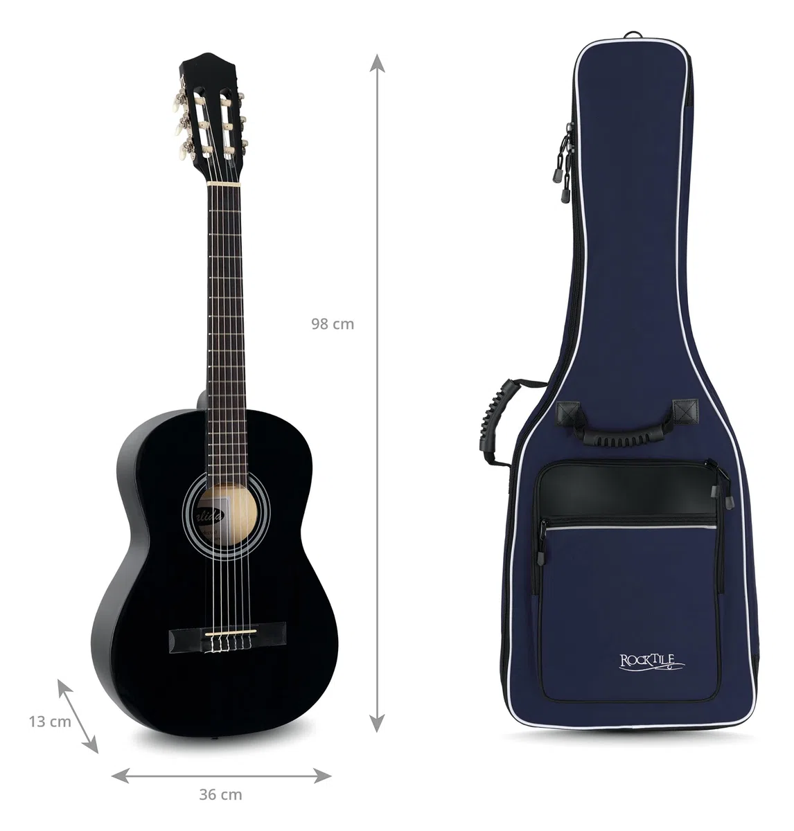 ROCKTILE 3/4 und 7/8 Klassik-Gitarrentasche (gepolsterter Gigbag, Rucksackgarnitur, 2 Außentaschen) blau