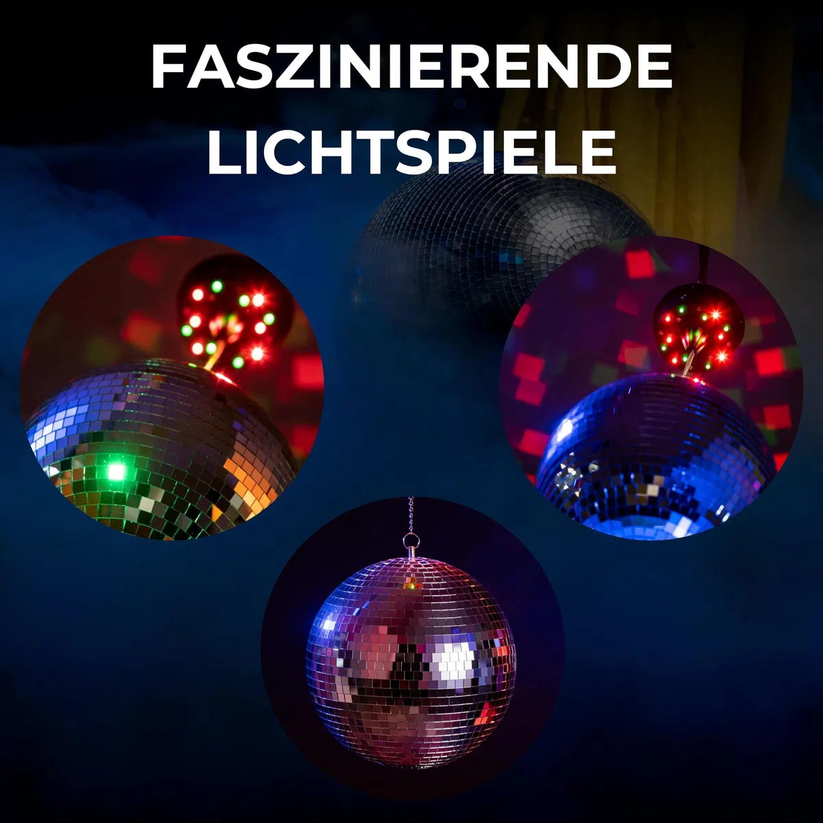 ETEC Professional DISCO20 Spiegelkugel 20cm Set mit LED Motor DISCOLIGHT BELEUCHTUNG Discokugel Disco Effekt Strahler silber batteriebetrieben mit 18 LEDs Partykeller DJ Club