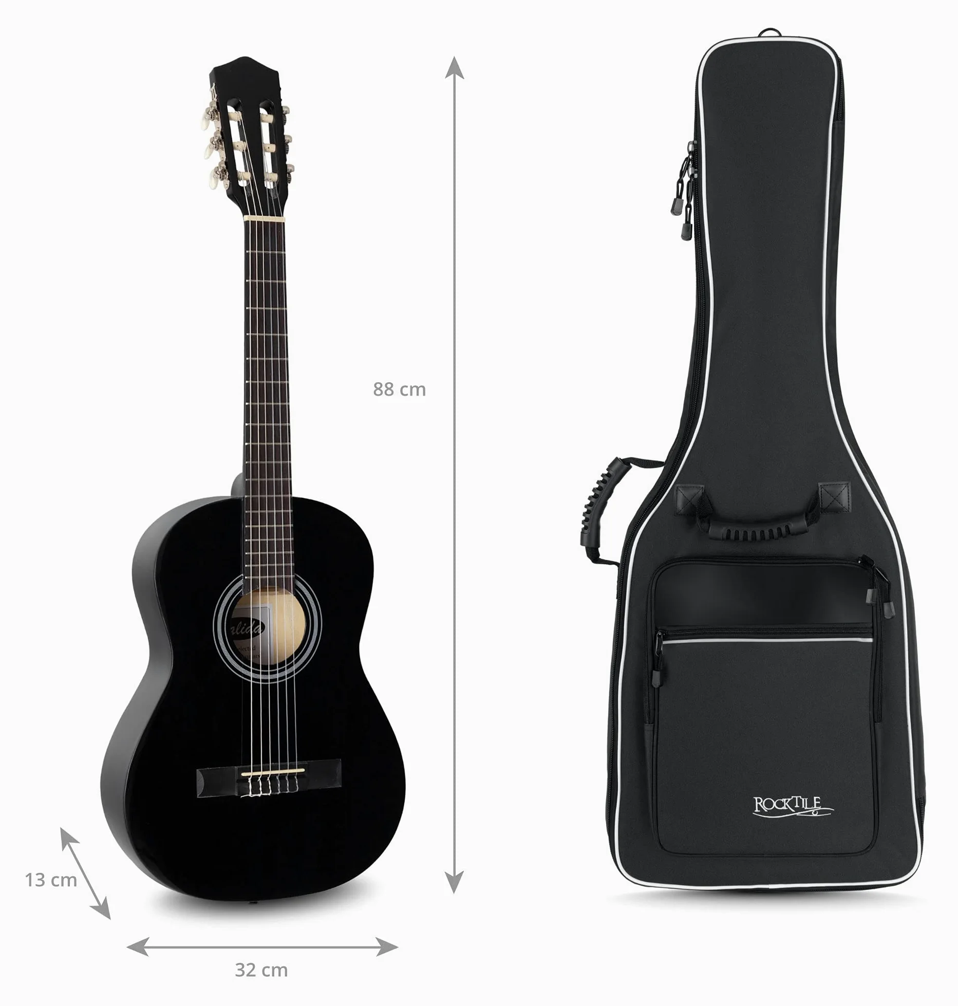 ROCKTILE 1/2 Klassik-Gitarrentasche (gepolsterter Gigbag, Rucksackgarnitur, 2 Außentaschen) schwarz