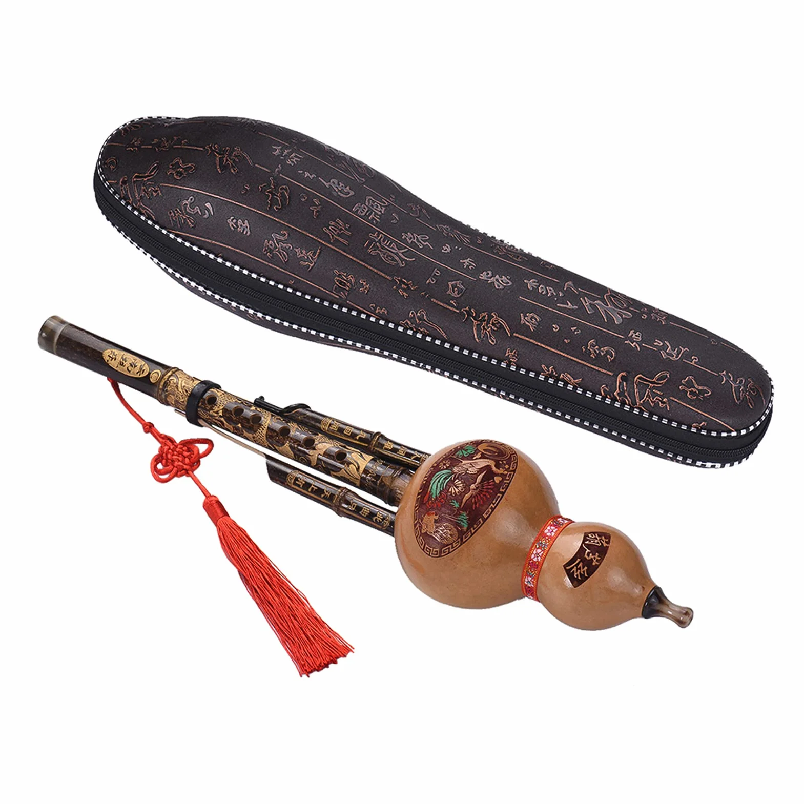 Schwarze Kürbisflöte, chinesische handgefertigte schwarze Hulusi-Kürbis-Flöte, ethnisches Musikinstrument, Tonart C, mit Etui für Musikliebhaber