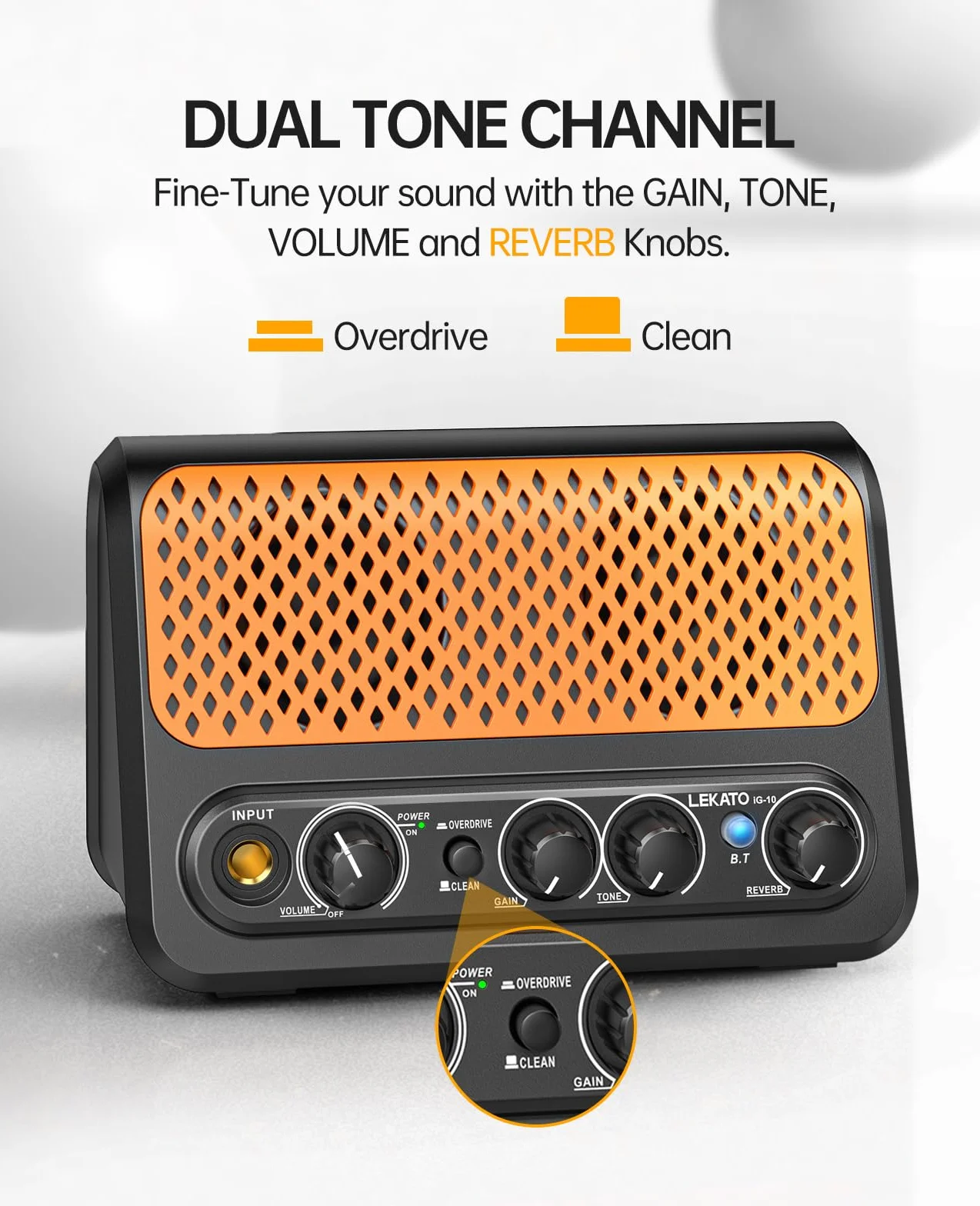 Mini-Gitarrenverstärker, LEKATO 10W tragbarer E-Gitarrenverstärker mit Clean- und Overdrive-Kanal, Reverb und Bluetooth-Verbindung (schwarz-orange)