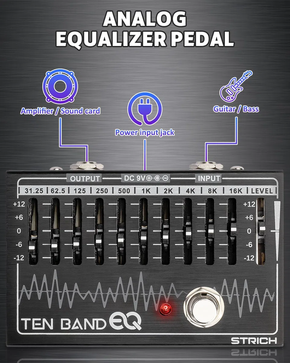 STRICH EQ Pedal für E-Gitarre, 10-Band Equalizer Effektpedal, Equalizer für Gitarre und Bass, 10 Frequenzbänder (31,25 Hz–16 kHz) mit ±12 dB Verstärkung/Absenkung pro Band, TEN BAND EQ