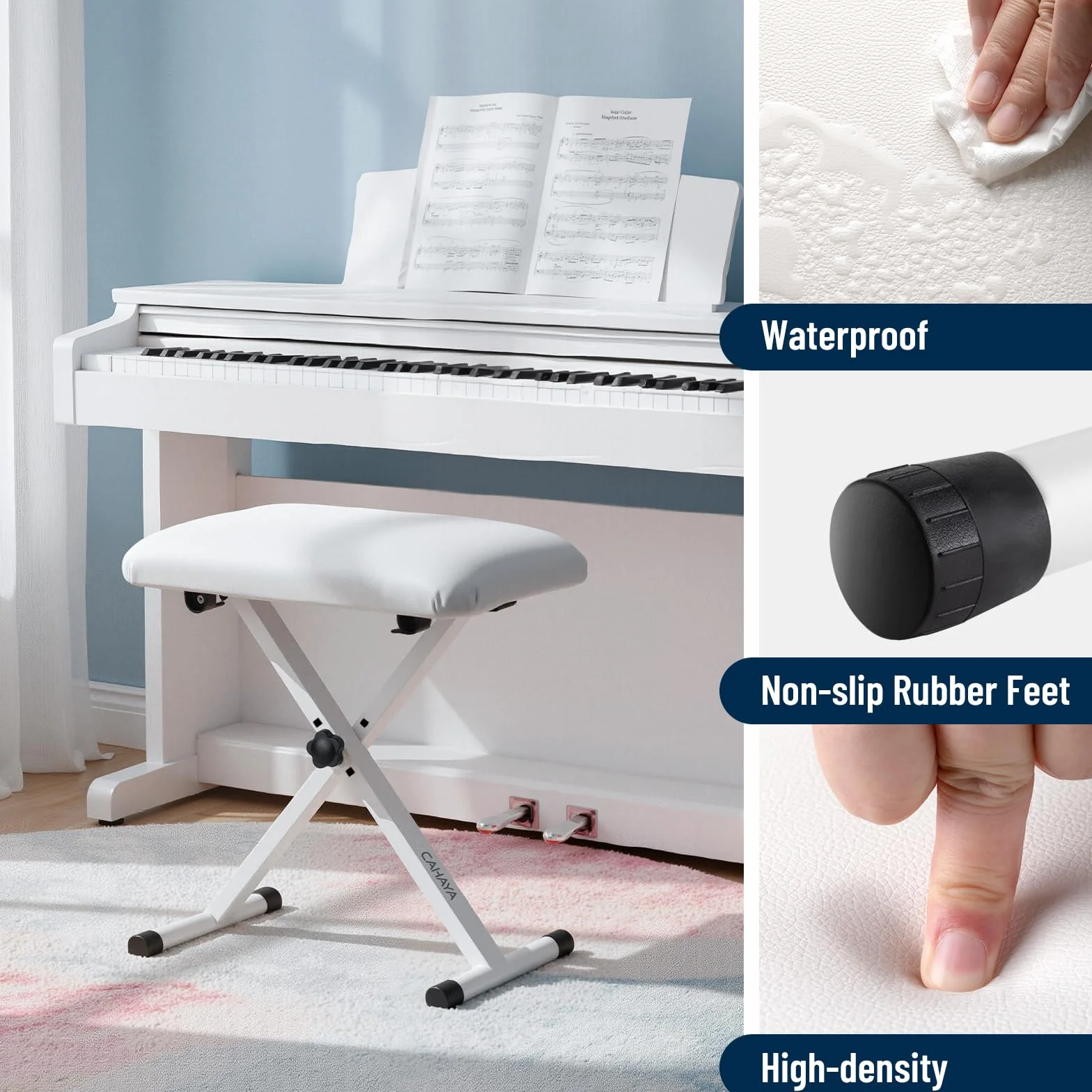CAHAYA keyboardbank 3-Fach höhenverstellbar klavierbank klappbarer Klavierhocker X-förmig Klavier Sitzbank Pianobank stabil Piano Stool Gepolsterter Klavierstuhl Weiß CY0257-1