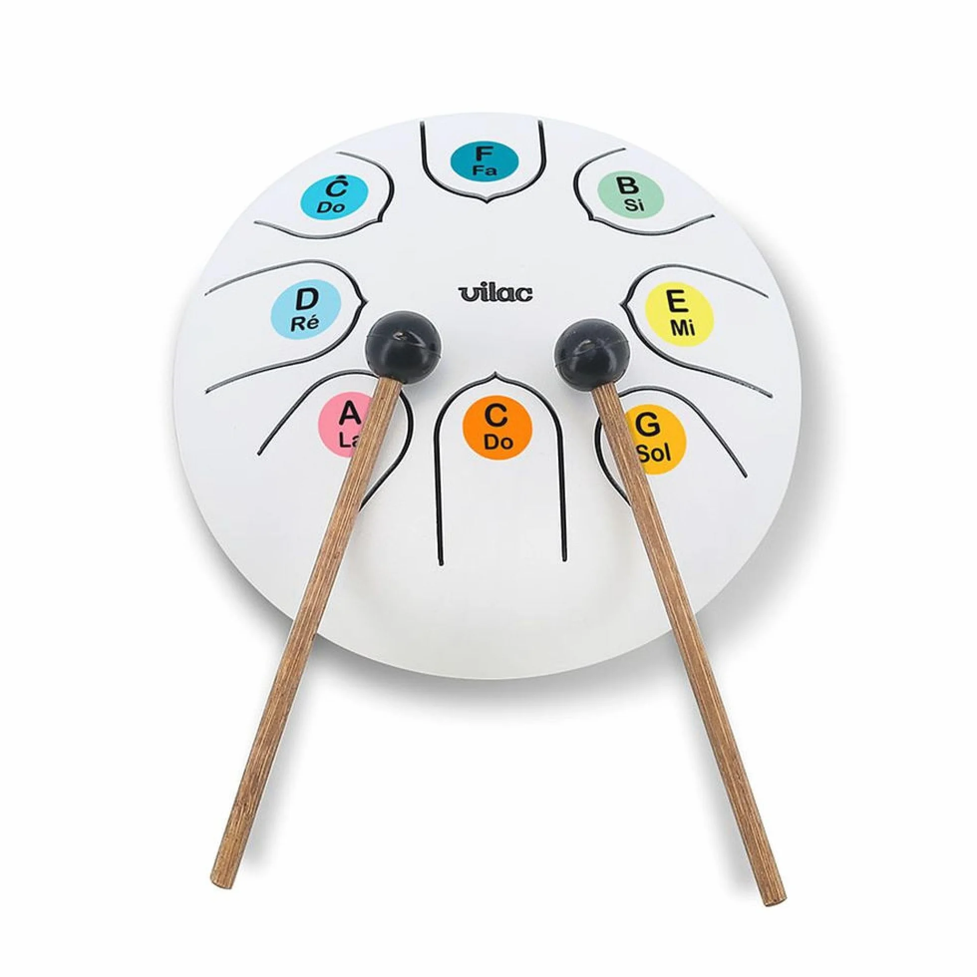 Vilac Tongue Drum-Instrument aus Metall mit Zen-Sound, gestimmt in C-Dur mit Octave, ideal für die Einführung von Kindern an die Musik. Enthält Noten und Erklärungsblatt 8379