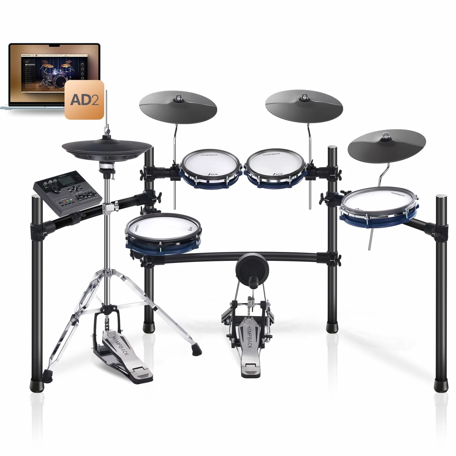 HAMPBACK ACE-360 Elektrisches Schlagzeug-Set mit 4 Quite Mesh Elektronischen Pads, 5 Zoll Kickdrum 12 Kits und 68 Authentische Sounds, USB MIDI, Thron, Sticks, Kopfhörer, 2 Switch Pedale für Anfänger