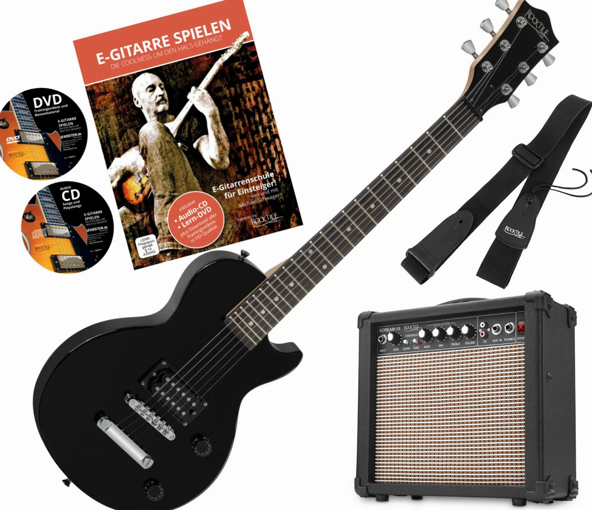 Rocktile L-50B Junior 3/4 Mensur SET (E-Gitarre für Kinder von 6-12 Jahren, Verstärker, Gurt, Kabel) schwarz