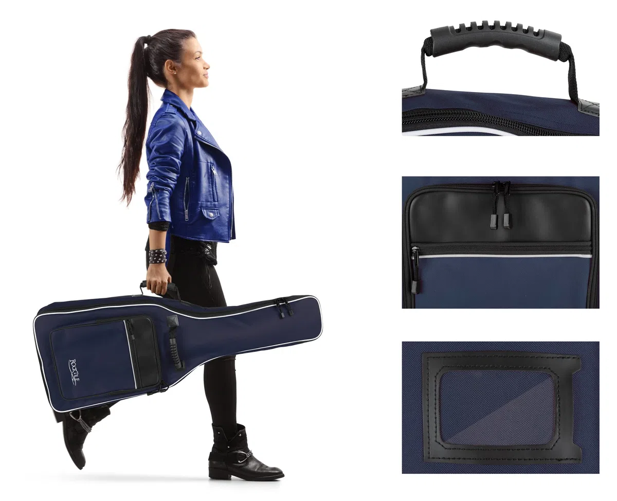 ROCKTILE 3/4 und 7/8 Klassik-Gitarrentasche (gepolsterter Gigbag, Rucksackgarnitur, 2 Außentaschen) blau