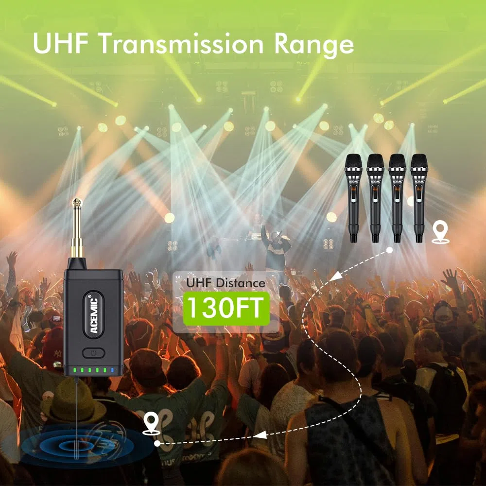 UHF Drahtlosmikrofonsystem 4 Kanal Schnurlosmikrofon mit 4 dynamischen Handmikrofonen für Gottesdienste, Reden, Hochzeiten und Karaoke-Maschinen, Q4