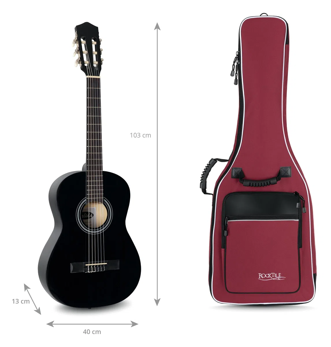 ROCKTILE Klassik-Gitarrentasche 4/4-Größe - wasserabweisender Gigbag mit weicher Polsterung und Fixierung im Halsbereich - Rucksack-Gurte - Große Aufsatztaschen für Noten und Zubehör - Rot
