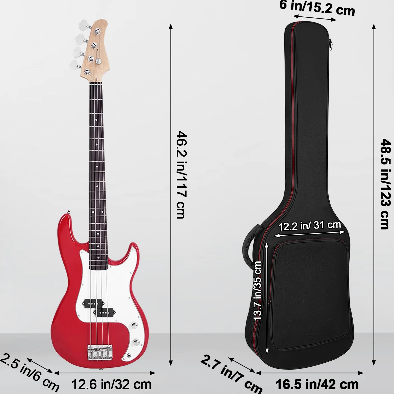 Tasche für Bassgitarre, 10 mm Polsterung, wasserdicht, E-Bass, Gigbag Rucksack mit Nackenschutzgurt und Tasche, verstellbarer Schultergurt, Schwarz, Schwarz , Bass Guitar Bag-Red Zipper