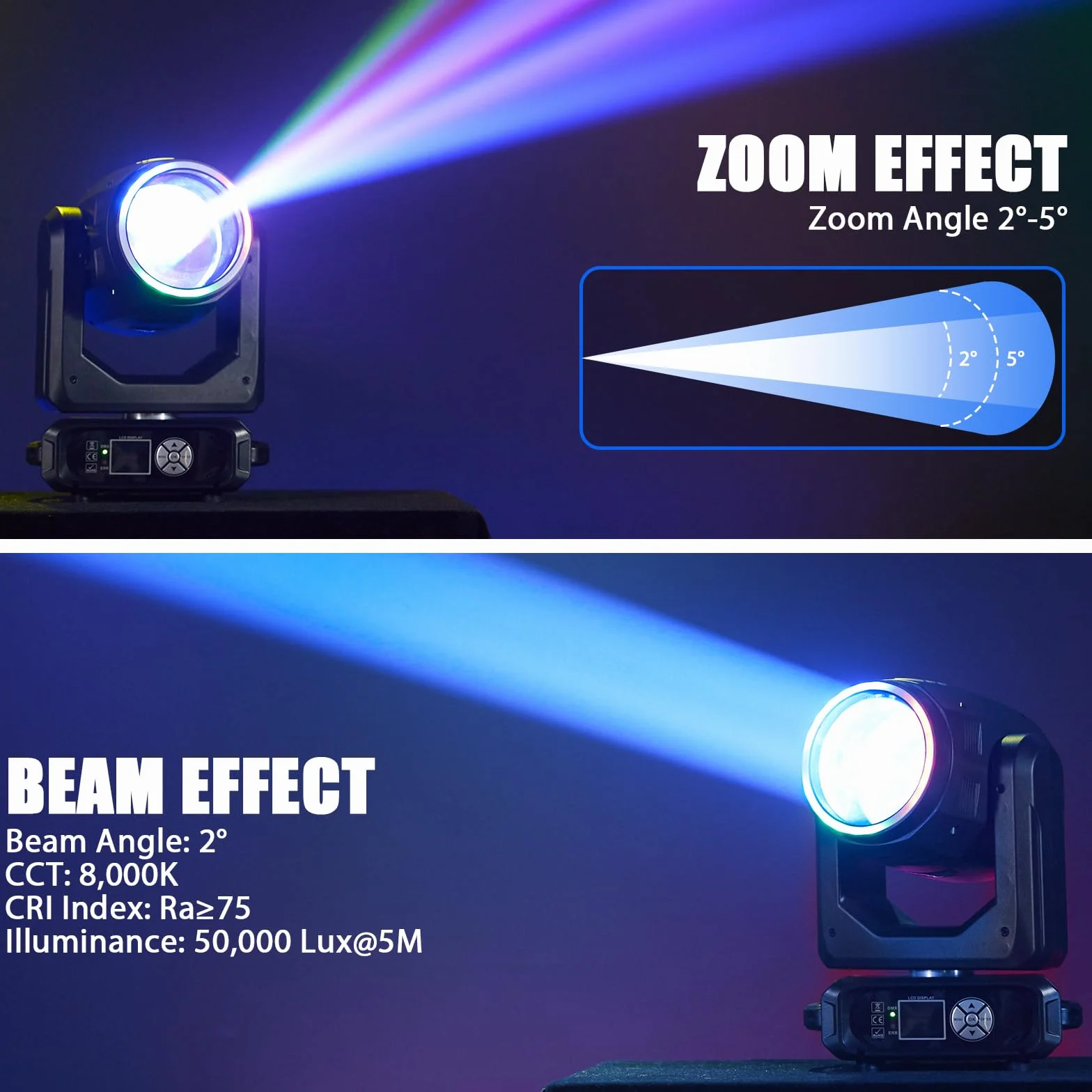 200W LED Beam Moving Head Licht, Elektronischer Zoom Bühnenlicht mit 11+1 Farben und 14+1 Muster 18 Prisma, d-mx512(16CH) Beam Spot Licht für Bühne Hochzeit DJ Weihnachten Party