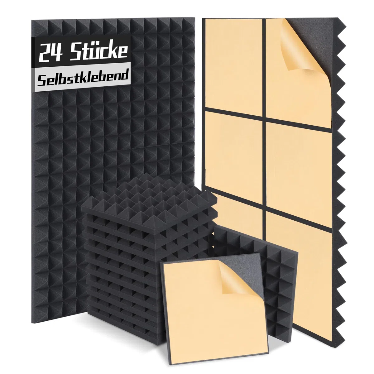 Akustikschaumstoff Schalldämmung Schwarz Hochdicht für Tonstudio Aufnahmestudio Büro Zuhause, 30 x 30 x 5 cm, 24 Stück Pyramidenschaum Selbstklebend