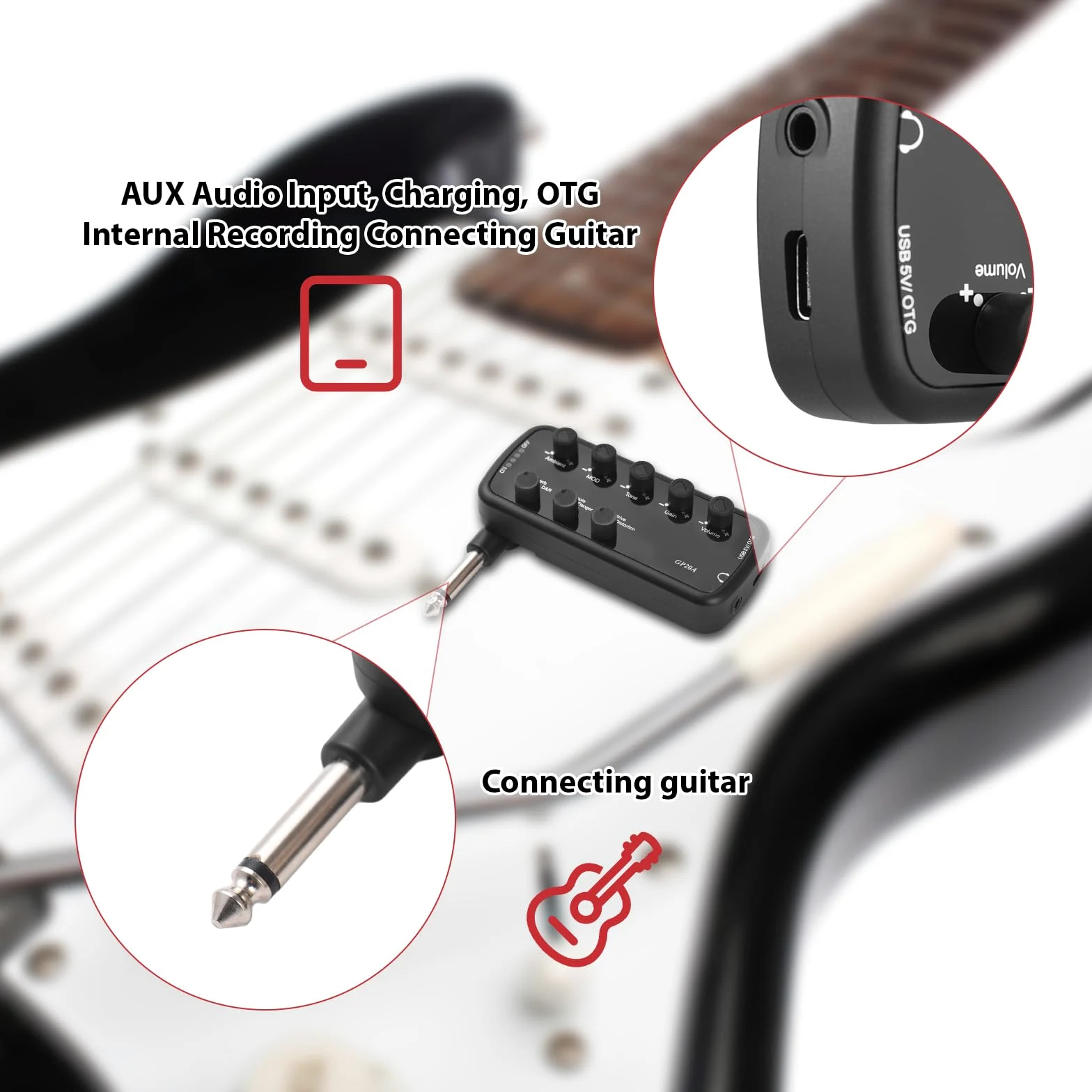 Btuty Gitarrenverstärker, Mini-Verstärker, tragbar, Gitarrenverstärker, Plug and Play, für E-Gitarre, Musikinstrument, 3 Simulationen, eingebaute Lautsprecher