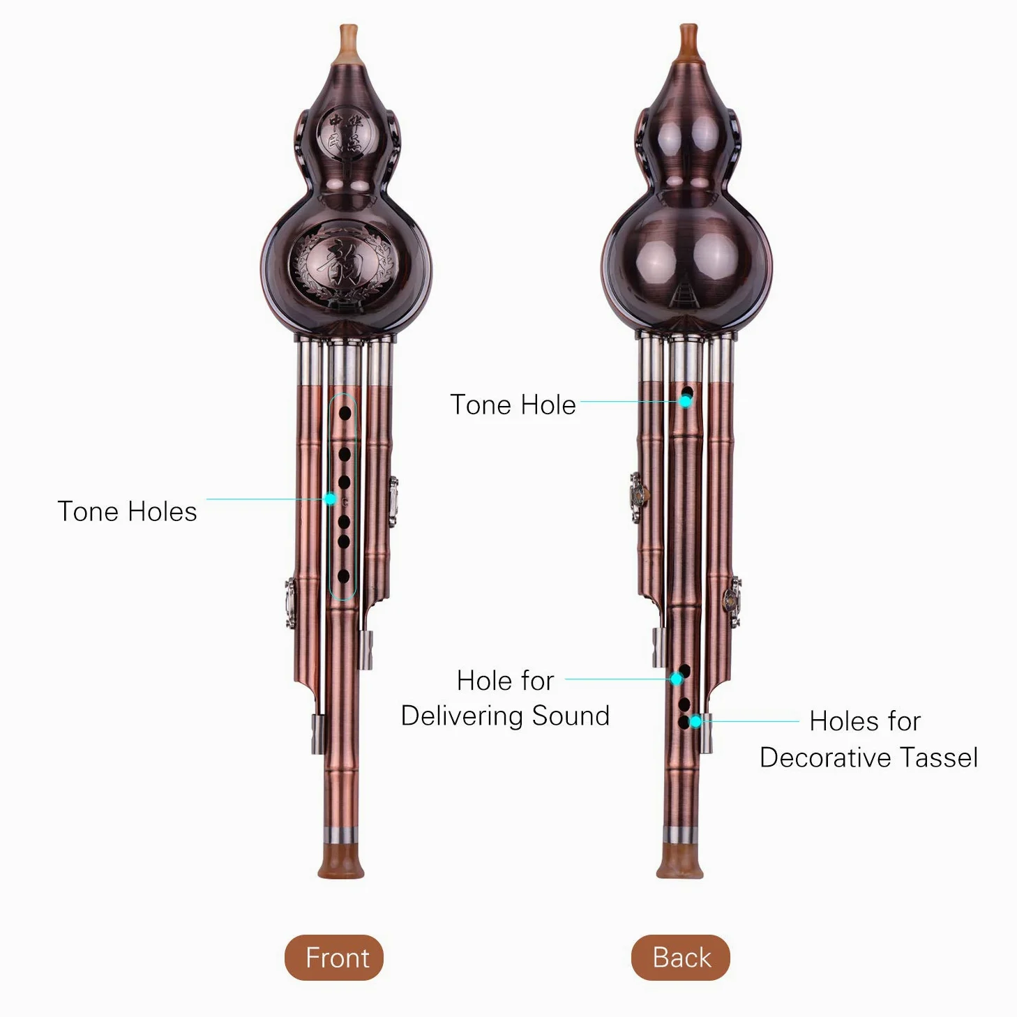 Hulusi C Taste 3 Ton C-Key Hulusi -Flöte Kupfer plattiert Rohre Chinesisches Traditionelles Instrument für Anfänger mit chinesischem Knoten Musical Trage Musical Amateur