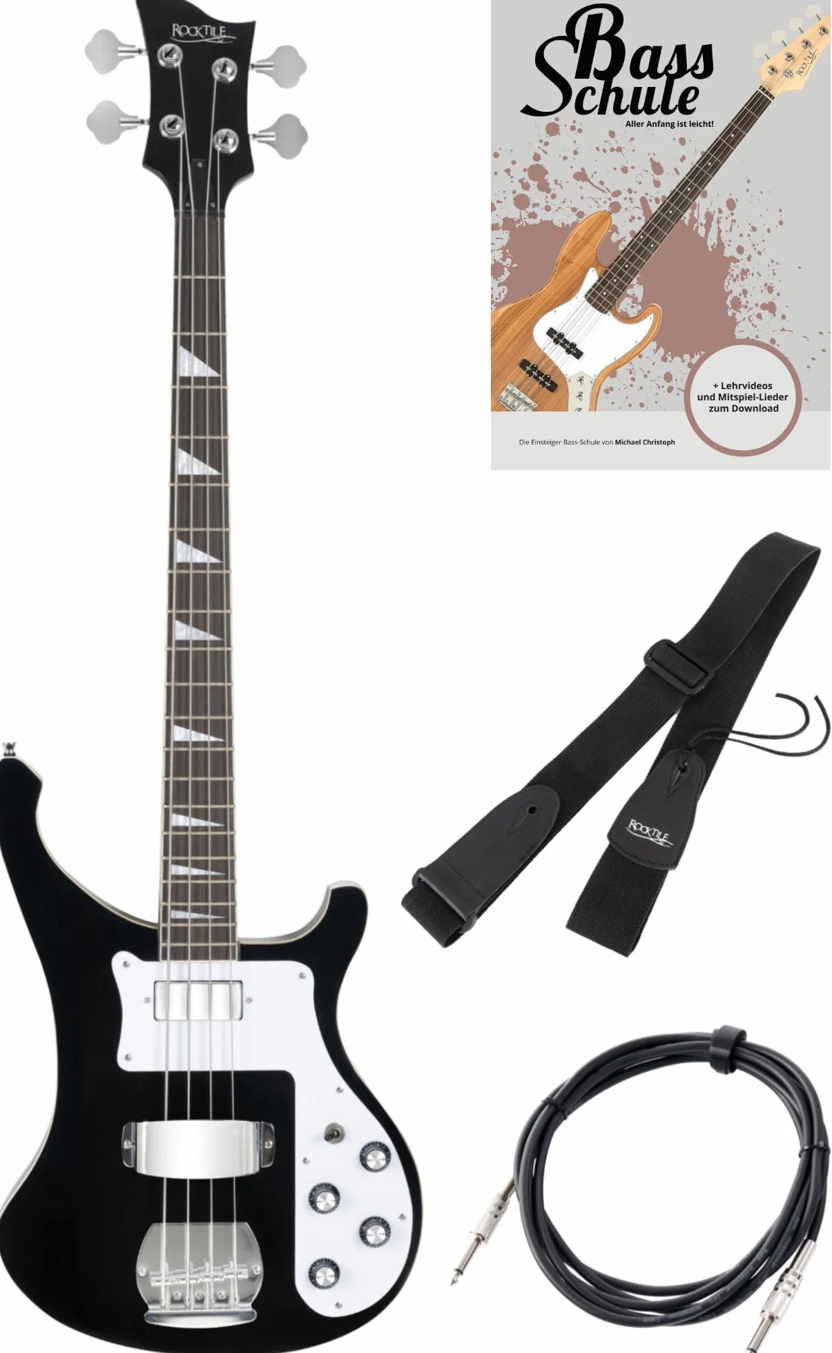 Rocktile Pro RB-400B Blackbird E-Bass Set - Longscale E-Bass 2 Pickups mit separater Volume- & Tonregelung - inkl. Gitarrengurt, Kabel & E-Bass Schule - Schwarz